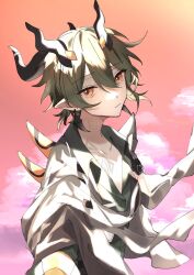 Rule 34 | 1boy, absurdres, brown eyes, closed mouth, cloud, collarbone, collared shirt, commentary request, dress shirt, eve (meltdown), green hair, green shirt, hair between eyes, highres, honkai (series), honkai impact 3rd, horns, kosma, looking at viewer, male focus, pointy ears, shirt, solo