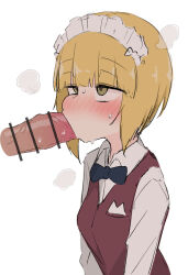 1boy 1girl ame_(amechan17391739) bar_censor blonde_hair blunt_bangs blush bob_cut censored cheek_bulge cutlass_(girls_und_panzer) fellatio girls_und_panzer hetero large_penis maid_headdress oral penis red_vest short_hair simple_background steam steaming_body sweat vest waiter white_background yellow_eyes