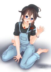 Rule 34 | 1girl, ahoge, barefoot, black hair, black shirt, blue eyes, blue overalls, braid, curled fingers, hair between eyes, hair flaps, hair over shoulder, highres, kantai collection, long hair, looking at viewer, multi-strapped overalls, naviyu elin, official alternate costume, one-hour drawing challenge, overalls, shigure (avail) (kancolle), shigure (kancolle), shigure kai ni (kancolle), shirt, short sleeves, single braid, solo, t-shirt