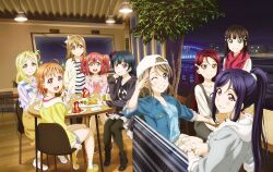 6+girls :d ahoge aqua_eyes artbook black_hair blonde_hair blue_eyes blue_hair bow braid brown_hair chair collarbone crown_braid food grey_hair grin hair_bow hair_bun hair_ornament hair_scrunchie hairclip hat highres jacket jewelry kunikida_hanamaru kurosawa_dia kurosawa_ruby long_hair looking_at_viewer love_live! love_live!_sunshine!! matsuura_kanan mole mole_under_mouth multiple_girls necklace night night_sky non-web_source official_art ohara_mari one_eye_closed open_mouth orange_hair outdoors pantyhose plate ponytail purple_eyes purple_hair red_eyes red_hair red_scarf sakurauchi_riko scarf scrunchie shirt short_hair sitting skirt sky smile striped_clothes striped_shirt sweater takami_chika tree tsushima_yoshiko two_side_up watanabe_you watch wristwatch yellow_eyes