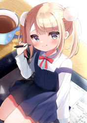 1girl absurdres aged_down apron arm_support blonde_hair blue_dress blunt_bangs blush bow bowtie closed_mouth coffee_mug collared_shirt commentary_request cowboy_shot cup desk drawing_tablet dress dress_shirt fingernails frilled_apron frills green_eyes hair_ornament highres holding holding_stylus indie_virtual_youtuber kiyokura_meru long_sleeves looking_at_viewer mini_person minigirl mug official_alternate_costume official_alternate_hairstyle pinafore_dress pleated_dress pom_pom_(clothes) pom_pom_hair_ornament red_bow red_bowtie school_uniform shigure_ui_(vtuber) shigure_ui_(vtuber)_(young) shirt short_dress short_hair sleeveless sleeveless_dress smile solo strap_slip stylus swept_bangs twintails virtual_youtuber white_shirt