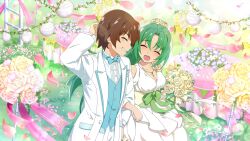 Rule 34 | 1boy, 1girl, arm behind head, artist request, blue bow, blue bowtie, blue flower, blue vest, bouquet, bow, bowtie, breasts, bridal veil, brown hair, cleavage, closed eyes, dress, flower, formal clothes, game cg, grass, green hair, grin, highres, higurashi no naku koro ni, higurashi no naku koro ni mei, holding, holding bouquet, jacket, jewelry, large breasts, locked arms, long hair, maebara keiichi, necklace, non-web source, official art, open mouth, outdoors, pants, pink flower, pink petals, ponytail, rose, shirt, short hair, smile, sonozaki mion, sparkle, suit, table, tablecloth, veil, vest, wedding, wedding dress, white dress, white jacket, white pants, white shirt, white suit, yellow flower, yellow rose