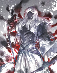 1boy akechi_mitsuhide_(sengoku_basara) black_gloves black_mask dual_wielding fingerless_gloves gloves hakama hakama_pants holding holding_scythe japanese_clothes long_hair looking_at_viewer male_focus mask mouth_mask pants scythe sengoku_basara solo tenkai_(sengoku_basara) toruglose white_hair white_hakama
