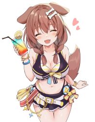 1girl :d animal_ears belt bikini bikini_skirt blush bone_hair_ornament braid breasts brown_hair chain closed_eyes cocktail commentary_request cowboy_shot cup dog_ears dog_girl dog_tail drinking_straw fangs food fruit gold_chain hair_ornament heart highleg highleg_swimsuit highres holding holding_cup hololive hololive_summer_2023_swimsuit inugami_korone large_breasts lemon lemon_slice long_hair minazuki_mizu navel official_alternate_costume open_mouth simple_background smile solo swimsuit tail twin_braids virtual_youtuber white_background white_belt