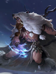 1boy animal_hood bear_hood beard character_request claws facial_hair full_beard fur_(clothing) glowing glowing_eyes glowing_hand highres hood huabinwang league_of_legends legends_of_runeterra long_beard male_focus mature_male muscular muscular_male official_art pectorals pelvic_curtain solo thick_beard thick_eyebrows tied_beard tribal