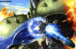 absurdres apsalus_iii artist_request battle beam_cannon chest_cannon cloud cloudy_sky damaged dirty earth_federation energy energy_beam epic explosion fire flying gundam gundam_08th_ms_team gundam_ez8 gundam_perfect_file highres machinery magazine_scan mecha mecha_focus mobile_armor mobile_suit no_humans one-eyed radio_antenna robot scan scene_reference science_fiction sky spikes thrusters zeon