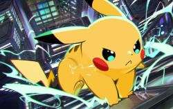 Rule 34 | :&lt;, artist request, building, check artist, city, closed mouth, dot nose, electricity, full body, gen 1 pokemon, nintendo, no humans, pikachu, pokemon, pokemon (creature), pokemon focus, pokemon tcg, running, second-party source, solo, teru2307, v-shaped eyes