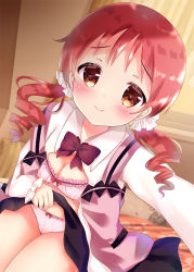 1girl black_skirt blush bow bow_bra bow_panties bra breasts brown_eyes cleavage closed_mouth clothes_lift collared_shirt commentary_request curtains dutch_angle female_focus gochuumon_wa_usagi_desu_ka? hair_ribbon indoors lifting_own_clothes long_sleeves looking_at_viewer natsu_megumi panties pillow pink_bra pink_panties pink_vest polka_dot polka_dot_bra polka_dot_panties rabbit_house_uniform reaching reaching_towards_viewer red_bow red_hair ribbon rikatan ringlets selfie shirt sitting skirt skirt_lift sleeves_past_wrists small_breasts smile solo twintails underwear vest waitress white_ribbon white_shirt