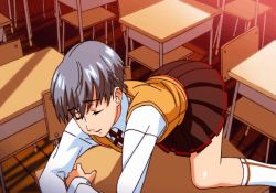 Rule 34 | 1girl, animated, animated gif, blue hair, classroom, crotch rub, desk, erogos, closed eyes, female focus, female masturbation, grinding, love fetish, masturbation, moaning, open mouth, pussy juice, pussy juice trail, sasamiya kaoru, school, school uniform, short hair, skirt, socks, solo, sweater vest, table humping, tomboy
