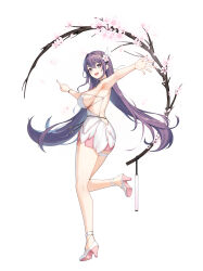 Rule 34 | 1girl, absurdres, aeri (closers), arm up, armpit focus, armpits, back, backless shirt, bare arms, bare legs, bare shoulders, breasts, choker, closers, flower, full body, green eyes, hair flower, hair ornament, high heels, highres, index finger raised, large breasts, leg up, long hair, looking at viewer, miniskirt, mole, mole under mouth, no bra, official art, open mouth, outstretched arm, pink skirt, purple hair, shirt, side slit, sideboob, simple background, skindentation, skirt, sleeveless, sleeveless shirt, smile, solo, spaghetti strap, standing, standing on one leg, thigh strap, thighs, very long hair, white background, white choker, white shirt