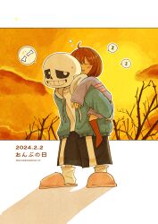 1boy 1other 2024 black_shorts blue_jacket brown_hair carrying dated frisk_(undertale) full_body grin highres hinakomochiut jacket piggyback sans_(undertale) shadow short_hair shorts skeleton smile sunset teeth twitter_username undertale