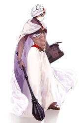 1boy bracelet brown_eyes brown_hair brown_nails cape dark_skin earrings final_fantasy final_fantasy_ii forehead_jewel gem highres holding holding_shield holding_staff jewelry male_focus mask midriff minwu mouth_mask red_gemstone shield short_hair sphere_earrings staff standing tokumei_wombat turban white_cape white_mask white_turban