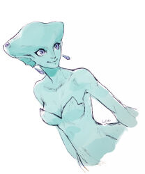 Rule 34 | 1girl, collarbone, cropped torso, earrings, fins, fish girl, head fins, jewelry, looking to the side, luisa rafidi, nintendo, princess ruto, purple eyes, smile, solo, the legend of zelda, the legend of zelda: ocarina of time, upper body, white background, zora