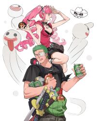 1boy 1girl absurdres alternate_costume bandaid bandaid_on_face bandaid_on_forehead bandana bandana_around_arm belt black_bandana black_choker black_shirt black_skirt blunt_bangs bottle breasts can choker cleavage curly_hair den_den_mushi dracule_mihawk earrings eyepatch ghost green_hair hair_ornament hairclip haramaki highres holding holding_can jewelry katana long_hair medical_eyepatch medium_breasts multiple_swords necklace one_piece perona pink_hair pink_nails pink_shirt roronoa_zoro sheath sheathed shirt short_hair short_sleeves sidelocks simple_background skirt sweetdou3 sword tongue tongue_out twintails weapon white_background