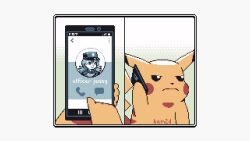 1girl cellphone commentary english_commentary english_text gen_1_pokemon hat holding holding_phone jenny_(pokemon) kam2d nintendo no_humans phone pikachu pixel_art pokemon pokemon_(anime) pokemon_(classic_anime) pokemon_(creature) police police_uniform policewoman talking_on_phone