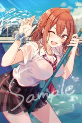 1girl ;d black_skirt blue_bra blue_sky blush bra bra_visible_through_clothes breasts brown_eyes brown_hair cloud collared_shirt commentary_request crossed_bangs day double-parted_bangs empty_pool hair_between_eyes highres kohinata_iroha_(imouuzai) large_breasts leaning_forward long_hair looking_at_viewer miniskirt official_art one_eye_closed open_mouth outdoors pleated_skirt pool school_uniform scrunchie see-through_clothes see-through_shirt shirt shirt_tucked_in short_sleeves skirt sky smile solo standing tomari_(veryberry00) tomodachi_no_imouto_ga_ore_ni_dake_uzai underwear water wet wet_clothes wet_shirt white_shirt wing_collar wrist_scrunchie