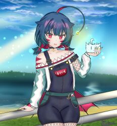 1girl absurdres ahoge anchor_necklace anglerfish_girl bare_shoulders bioluminescence black_choker blue_hair blue_overalls blue_sky breasts choker cloud commentary day detached_sleeves english_commentary fish_girl fish_skeleton fishnets forest gills glowing grass highres huge_ahoge indie_virtual_youtuber jewelry kitanya_(anglerfish) kitanya_nyanta lure max_(kitanya) multicolored_hair nail_polish nature necklace outdoors overalls petite railing red_eyes red_hair shore short_twintails signature sky slyvaria small_breasts sunlight tree twintails upper_body virtual_youtuber water