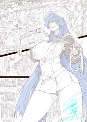 Rule 34 | 3girls, absurdres, akame (akame ga kill!), akame ga kill!, black panties, blue hair, breasts, center opening, cleavage, commentary request, dated, dominatrix, dragon, esdeath, evil grin, evil smile, greyscale, grin, hair between eyes, hat, highres, holding, holding whip, jun wu mo, large breasts, long hair, military dress uniform, military hat, military uniform, mine (akame ga kill!), monochrome, multiple girls, panties, signature, smile, spot color, twintails, underwear