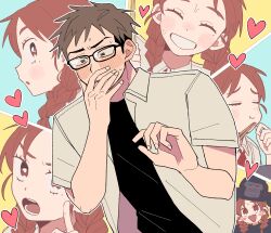 1boy 1girl :t @_@ ^_^ black-framed_eyewear black_hair black_undershirt blush braid brown_eyes brown_hair chopsticks closed_eyes collared_shirt commentary covering_own_mouth dress_shirt eating eyebrow_cut flustered furrowed_brow futsuu_no_keion-bu glasses gorilla_costume gorilla_mask grin hand_over_own_mouth hands_up heart hetero highres index_finger_raised inusuki_kogeta long_hair lovestruck mole mole_under_eye multiple_views neck_ribbon nervous_sweating official_alternate_costume open_clothes open_shirt parted_bangs red_ribbon ribbon school_uniform shirt short_sleeves smile sweat tohno_gen twin_braids twintails uchida_momo upper_body white_shirt wing_collar
