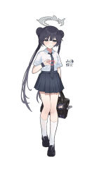 1girl absurdres bag black_hair black_scrunchie black_shoes black_skirt blue_archive blush braid closed_mouth collared_shirt commentary_request diagonal-striped_clothes diagonal-striped_necktie double_bun full_body grey_eyes hair_between_eyes hair_bun halo heart highres hui_yu_yu_yu_ye kisaki_(blue_archive) light_smile loafers long_hair necktie pleated_skirt school_bag school_uniform scrunchie shirt shoes short_sleeves simple_background skirt socks solo souvenir_doll_(blue_archive) striped_clothes translation_request twintails very_long_hair white_background white_shirt white_socks wrist_scrunchie
