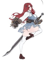 1girl ass black_panties blue_dress breasts brown_shoes chinese_commentary commentary_request dress from_side full_body grey_eyes hair_ornament high_heels highres holding holding_sword holding_weapon hui_z_jie leg_up long_hair looking_at_viewer medium_breasts original panties parted_lips red_hair shirt shoes short_dress simple_background solo sword thighhighs underwear weapon white_shirt white_thighhighs