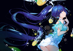 1girl absurdly_long_hair absurdres air_bubble ass bare_shoulders black_background blouse blue_shirt breasts bubble caustics closed_mouth commentary_request dark dress female_focus food fruit hair_between_eyes hair_ornament hand_on_own_chest hands_up highres honkai_(series) honkai_impact_3rd in_food index_finger_raised leaning_forward lemon lemon_slice long_hair medium_breasts mini_person minigirl off-shoulder_shirt off_shoulder purple_eyes purple_hair raiden_mei raiden_mei_(aqua_chime) raiden_mei_(lightning_empress) see-through_clothes see-through_sleeves shirt short_sleeves smile solo very_long_hair water white_dress yamano_(yamanoh)