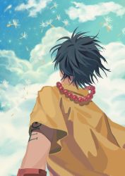 1boy aqua_sky arm_tattoo armlet bead_necklace beads black_hair blue_sky bracelet cloud dandelion_seed from_behind from_below highres jewelry looking_up male_focus mulso necklace one_piece portgas_d._ace red_necklace shirt short_hair short_sleeves sky solo tattoo upper_body yellow_shirt