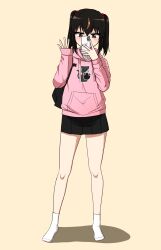 1girl bamiko_(nanju_bami) black_skirt brown_eyes brown_hair commentary_request highres hood hoodie korean_commentary looking_at_viewer medium_hair multicolored_hair nanju_bami original pink_hoodie shirt simple_background skirt socks thighs twintails two-tone_hair white_background white_shirt white_socks