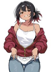 Rule 34 | 1girl, absurdres, black hair, blue pants, blush, breasts, collarbone, colored tips, commentary, commission, cowboy shot, dark-skinned female, dark skin, denim, ecgg (tsuji418477), gluteal fold, gradient hair, grin, hair intakes, highres, holding, holding panties, holding underwear, holding unworn clothes, jacket, jeans, lace, lace-trimmed panties, lace trim, long sleeves, looking at viewer, medium hair, multicolored hair, off shoulder, open clothes, open jacket, original, panties, pants, partially unzipped, pixiv commission, ponytail, red eyes, red hair, red jacket, short ponytail, simple background, small breasts, smile, smug, solo, standing, tank top, thigh gap, two-tone hair, underwear, unworn panties, white background, white panties, white tank top