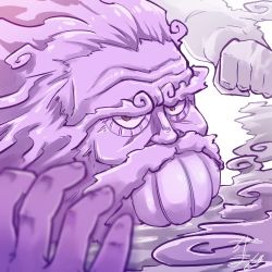 1boy profile_picture beard chamaji clenched_hand close-up cloud commentary_request facial_hair furrowed_brow looking_at_viewer lowres male_focus mustache partial_commentary purple_eyes purple_hair signature simple_background solo touhou unzan white_background