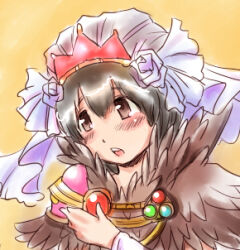 1boy black_hair blush brown_eyes commentary_request fur_collar headdress looking_to_the_side lowres male_focus open_mouth ragnarok_online short_hair solo sorcerer_(ragnarok_online) upper_body yellow_background yukimushi