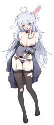 1girl absurdres ahoge animal_ears bare_shoulders black_jacket black_leotard black_shoes blue_eyes breasts brown_thighhighs center_opening chain check_copyright choker cleavage commentary_request copyright_request crotch_zipper dsoon frills full_body gag garter_belt heart heart_ahoge heart_choker highres huhi_(huhi_1211) improvised_gag indie_virtual_youtuber jacket korean_commentary large_breasts leotard navel off_shoulder playboy_bunny rabbit_ears red_choker shoes simple_background solo stomach strapless strapless_leotard tape tape_gag thighhighs torn_clothes torn_thighhighs two_side_up virtual_youtuber white_background white_hair