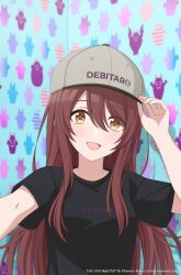 black_shirt brown_hair debi_tarou hat highres idolmaster idolmaster_shiny_colors long_hair looking_at_viewer official_art open_mouth osaki_tenka shirt t-shirt wallpaper_(object) yellow_eyes