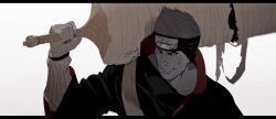 Rule 34 | 1boy, akatsuki uniform, black eyes, black nails, blue hair, forehead protector, grin, highres, holding, holding sword, holding weapon, hoshigaki kisame, kirigakure symbol, male focus, nail polish, naruto (series), naruto shippuuden, ninja, over shoulder, samehada (naruto), sharp teeth, short hair, simple background, smile, solo, sword, teeth, weapon, weapon over shoulder, white background, zifletts