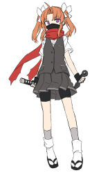 1girl ahoge bike_shorts collared_shirt dress_shirt full_body grey_skirt grey_vest holding holding_weapon kagerou_(kancolle) kagerou_kai_ni_(kancolle) kakizaki_(chou_neji) kantai_collection kunai long_hair mask mouth_mask orange_hair parted_bangs purple_eyes red_scarf ribbon sandals scarf shirt short_sword shorts shorts_under_skirt simple_background skirt socks solo sword tabi twintails vest weapon white_background white_ribbon white_shirt white_socks