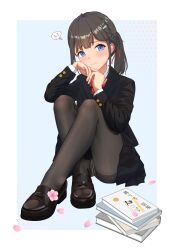 1girl absurdres bdsm black_pantyhose blazer blue_eyes blush bondage bound bow bowtie braid brown_hair collared_shirt crotch_rope full_body highres jacket loafers long_hair looking_at_viewer original panties panties_under_pantyhose pantyhose pleated_skirt ponytail red_bow red_bowtie school_uniform shibari shibari_under_clothes shirt shoes sitting skirt smile solo underwear wanliu white_panties white_shirt