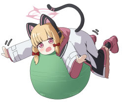 1girl animal_ear_headphones animal_ears balancing ball black_jacket black_tail black_thighhighs blonde_hair blue_archive blunt_bangs blush boots bow cat_ear_headphones cat_ears cat_tail commentary_request dot_nose exercise_ball eyes_visible_through_hair fake_animal_ears fake_tail frilled_jacket frills full_body hair_bow halo headphones highres hood hood_down hooded_jacket jacket long_sleeves looking_at_viewer low-tied_sidelocks lying lying_on_ball momoi_(blue_archive) motion_lines multicolored_jacket no_ti_me on_ball on_stomach open_hands open_mouth outstretched_arms parted_bangs pink_boots pink_eyes pink_halo pink_jacket red_bow school_uniform short_hair sidelocks simple_background solo tail thighhighs two-sided_fabric two-sided_jacket white_background white_jacket wide_sleeves