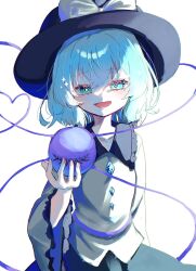 1girl black_hat bow buttons chocoeiru commentary_request diamond_button eyeball frilled_shirt_collar frilled_sleeves frills green_eyes green_hair green_skirt hat hat_bow heart heart_of_string highres komeiji_koishi long_sleeves looking_at_viewer open_mouth shirt simple_background skirt smile solo third_eye touhou white_background wide_sleeves yellow_bow yellow_shirt