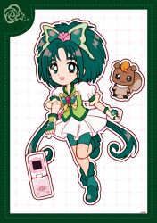 Rule 34 | 1girl, akimoto komachi, animal print, boots, border, bow, bowtie, butterfly hair ornament, butterfly print, cellphone, clenched hands, collared vest, cure mint, deformed, dot nose, dotted line, dress, fingerless gloves, flip phone, flower, frilled sleeves, frills, full body, gloves, green boots, green border, green bow, green bowtie, green eyes, green hair, green shorts, green vest, grid background, hair flower, hair ornament, high heel boots, high heels, highres, leg up, long hair, low twintails, magical girl, nuts (yes! precure 5), open mouth, outline, parted bangs, phone, pink bag, pink flower, pink rose, precure, puffy short sleeves, puffy sleeves, red brooch, rose, short dress, short sleeves, shorts, shorts under dress, smile, squirrel, tareme, twintails, uwded 207, very long hair, vest, waist bag, white background, white dress, white gloves, white outline, yes! precure 5, yes! precure 5 gogo!