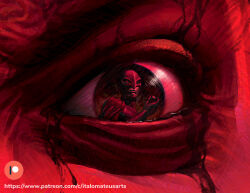 2boys artist_name berserk blood blood_on_face bloody_tears close-up commentary english_commentary femto_(berserk) griffith_(berserk) guts_(berserk) helm helmet high_detail italomateusart looking_at_viewer multiple_boys patreon_logo patreon_username red_eyes red_theme reflection smile tearing_up tears watermark web_address