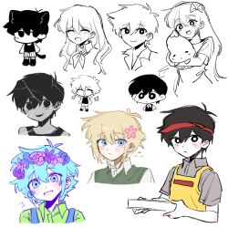 Rule 34 | + +, 2girls, 6+boys, animal ears, apron, aubrey (headspace) (omori), aubrey (omori), basil (faraway) (omori), basil (headspace) (omori), basil (omori), black eyes, black hair, black socks, black tank top, blonde hair, blue eyes, blue overalls, blush, bow, box, bright pupils, cat boy, cat ears, cat tail, chibi, closed eyes, collared shirt, colored skin, flower, flying sweatdrops, green eyes, green hair, green shirt, green sweater vest, grey shirt, hair bow, hair flower, hair ornament, head wreath, hero (headspace) (omori), hero (omori), highres, holding, holding box, holding stuffed toy, iomor snuuy, kemonomimi mode, long hair, long shirt, mari (headspace) (omori), mari (omori), mr. plantegg (omori), multiple boys, multiple girls, neckerchief, no mouth, omori, omori (omori), open mouth, overalls, pajamas, partially colored, pizza box, shattered omori (omori), shirt, short hair, short sleeves, shorts, simple background, smile, socks, striped clothes, striped shorts, stuffed eggplant, stuffed toy, sunny (omori), sweater vest, t-shirt, tail, tank top, teeth, upper teeth only, vertical-striped clothes, vertical-striped shorts, white background, white shorts, white skin, yellow apron