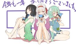 Rule 34 | black hair, blue hair, blue pajamas, blush, braid, e mishi, fate/grand order, fate (series), fujimaru ritsuka (male), fujimaru ritsuka (male) (tonttu), green hair, green pajamas, hair ribbon, highres, kama (fate), kiyohime (fate), one eye closed, pajamas, pink pajamas, ribbon, side braid, tenochtitlan (fate), thighs, white background