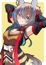 1girl absurdres akkunz alternate_costume armpits breasts cleavage closed_mouth collarbone commission cosplay daitaku_helios_(umamusume) detached_sleeves hair_between_eyes hair_ornament highres kitasan_black_(umamusume) kitasan_black_(umamusume)_(cosplay) looking_at_viewer multicolored_hair pixiv_commission solo streaked_hair umamusume yellow_eyes