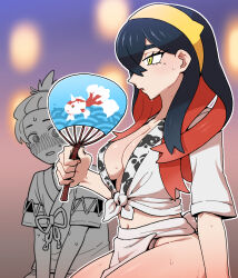 1boy 1girl @_@ black_hair blurry blurry_background blush breasts carmine_(pokemon) character_print colored_inner_hair creatures_(company) crossed_bangs eyelashes florian_(pokemon) fundoshi game_freak gen_1_pokemon girl_staring_at_guy&#039;s_chest_(meme) goldeen hair_between_eyes hairband hand_fan happi highres holding holding_fan japanese_clothes long_hair looking_at_another medium_breasts mole mole_under_eye multicolored_hair navel nintendo nutkingcall paper_fan parted_lips pokemon pokemon_sv red_hair short_hair short_sleeves sweat yellow_eyes yellow_hairband