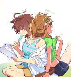 2girls agnes_tachyon_(umamusume) ahoge alternate_costume animal_ears aqua_tank_top back-to-back blue_shorts bracelet braid brown_hair brown_shorts brown_tail closed_eyes clothes_pull collarbone commentary_request earrings ears_down food green_shirt hair_between_eyes hair_ornament hairclip half_up_braid highres holding holding_food holding_paper holding_popsicle horse_ears horse_girl horse_tail hot jewelry jungle_pocket_(umamusume) korean_commentary korean_text lab_coat looking_at_viewer mazu1kan medium_hair multicolored_hair multiple_girls off_shoulder open_mouth paper popsicle red_eyes shirt shorts sidelocks single_earring sitting sleeves_rolled_up streaked_hair sweat t-shirt tail tank_top tongue tongue_out translation_request twitter_username umamusume white_background white_hair
