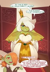 Rule 34 | belly, breasts, buttons (huffslove), colored sclera, colored skin, crown, dress, earrings, english text, female goblin, goblin, green eyes, green skin, heart, heart-shaped pupils, highres, huffslove, jewelry, large breasts, long hair, multiple girls, one eye covered, orange hair, original, red eyes, regina (huffslove), shortstack, symbol-shaped pupils, very long hair, white dress, yellow sclera