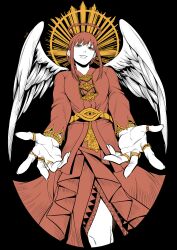 1girl absurdres angel_wings chainsaw_man commentary dress earrings foreshortening halo highres jewelry kei_dragonsheaven limited_palette makima_(chainsaw_man) multiple_rings necklace open_hands orange_eyes red_dress red_hair ring smile solo stud_earrings wings