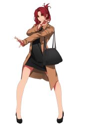 1girl alternate_eye_color anime_coloring bag black_dress brown_coat closed_mouth coat dress full_body high_heels highres honkai_(series) honkai_impact_3rd kili_kilio long_hair long_sleeves looking_at_viewer murata_himeko office_lady orange_eyes red_hair shoulder_bag simple_background smile solo white_background yellow_eyes