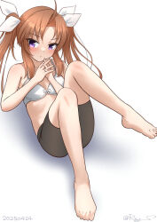 1girl ahoge barefoot bike_shorts bra brown_hair full_body hair_ribbon kagerou_(kancolle) kagerou_kai_ni_(kancolle) kantai_collection long_hair one-hour_drawing_challenge own_hands_clasped own_hands_together ray.s ribbon simple_background sitting solo twintails underwear white_background white_bra white_ribbon