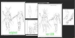 1girl armor armored_boots armored_gloves armored_leotard boots breasts bug butterfly butterfly_wings comparison difference digimon digimon_(creature) fur_collar gloves helmet high_heels hudiemon insect insect_wings leotard medium_breasts ph6xeivbgpimggg sketch skirt smile thick_thighs thighhighs thighs tinted_eyewear wings